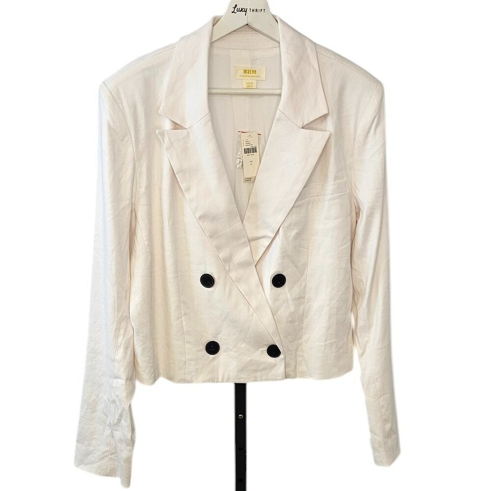 Anthropologie Maeve Linen Blend Cropped Button Front Blazer - White, Size L, NWT